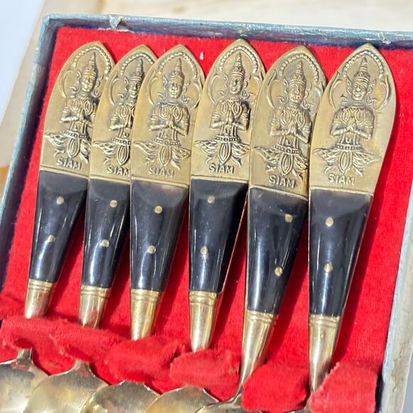 Thailand brass & teak spoons set cocktail espresso tea demitasse boxed set of 6 - Picture 1 of 9